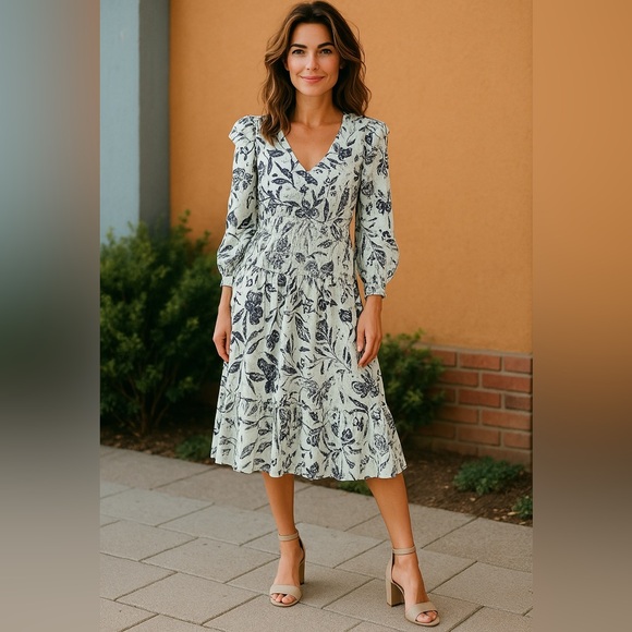 NWT Aqua (a Bloomingdales brand) Floral‎ Navy and White Midi Dress with Smocking - Picture 1 of 7